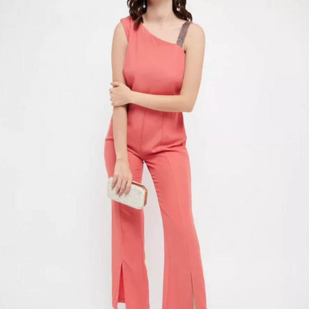 Madame Embellished Strap Coral Pink Slit Jumpsuit M